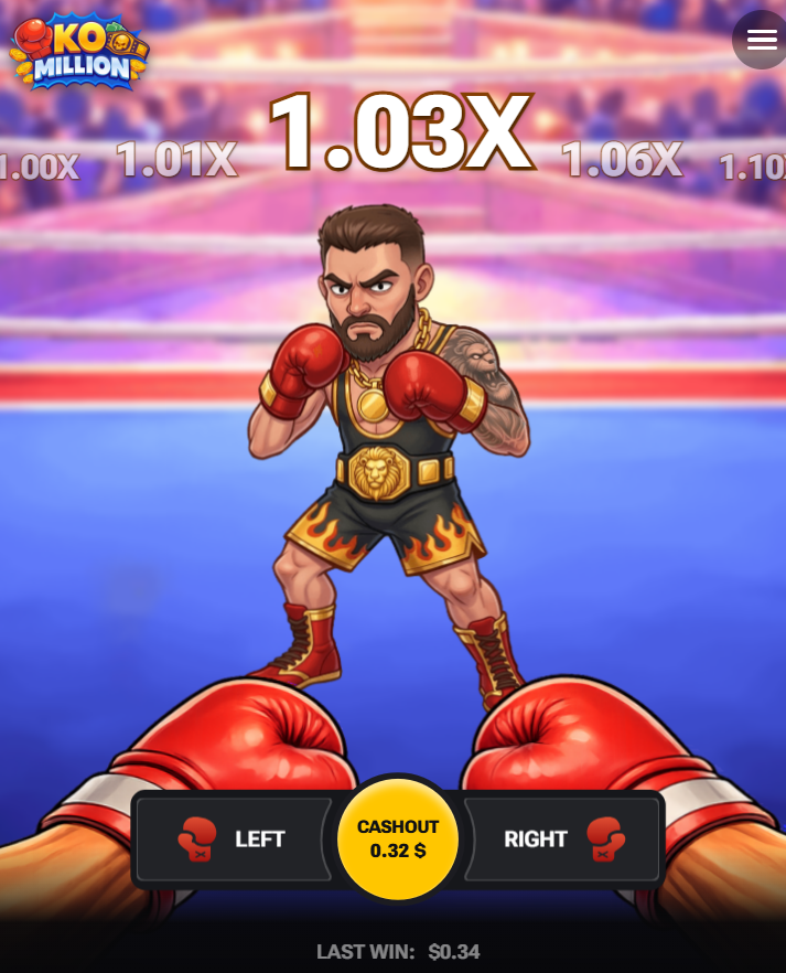 Ring de KO Million sur mobile avec boutons Left, Right et Cashout