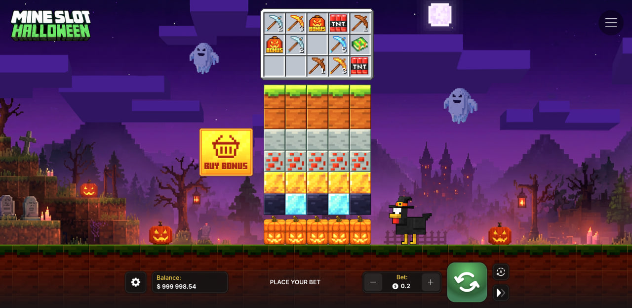 Grille de Mine Slot Halloween avec blocs en pixel art, outils et bouton Buy Bonus