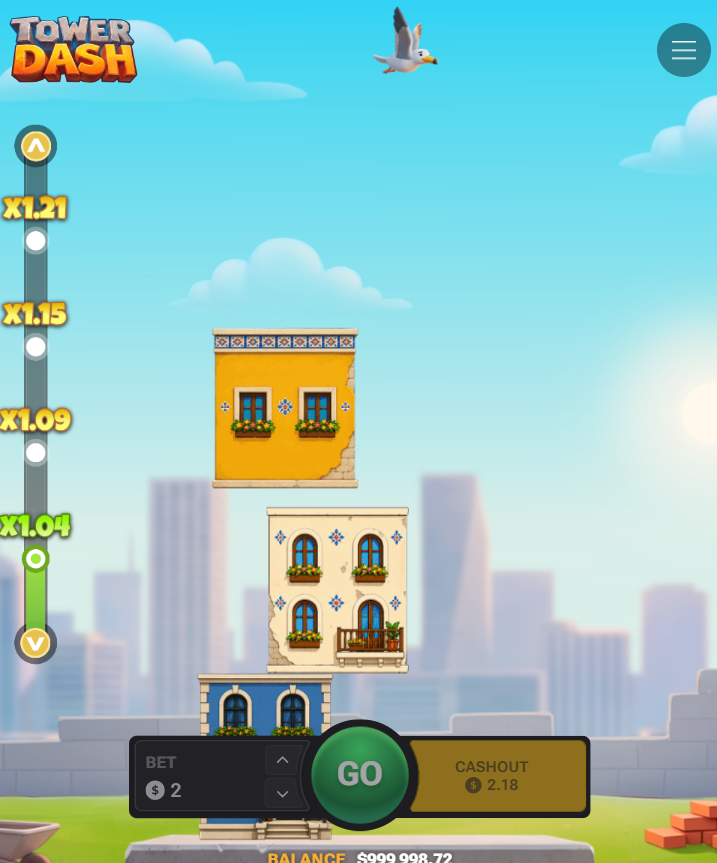 Tower Dash en mode portrait sur smartphone avec Go et Cashout