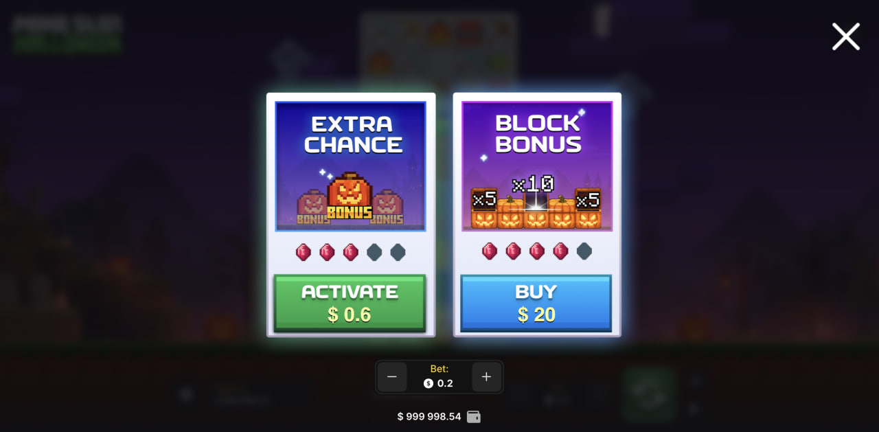 Fenêtre Extra Chance et Block Bonus de Mine Slot Halloween vue sur ordinateur