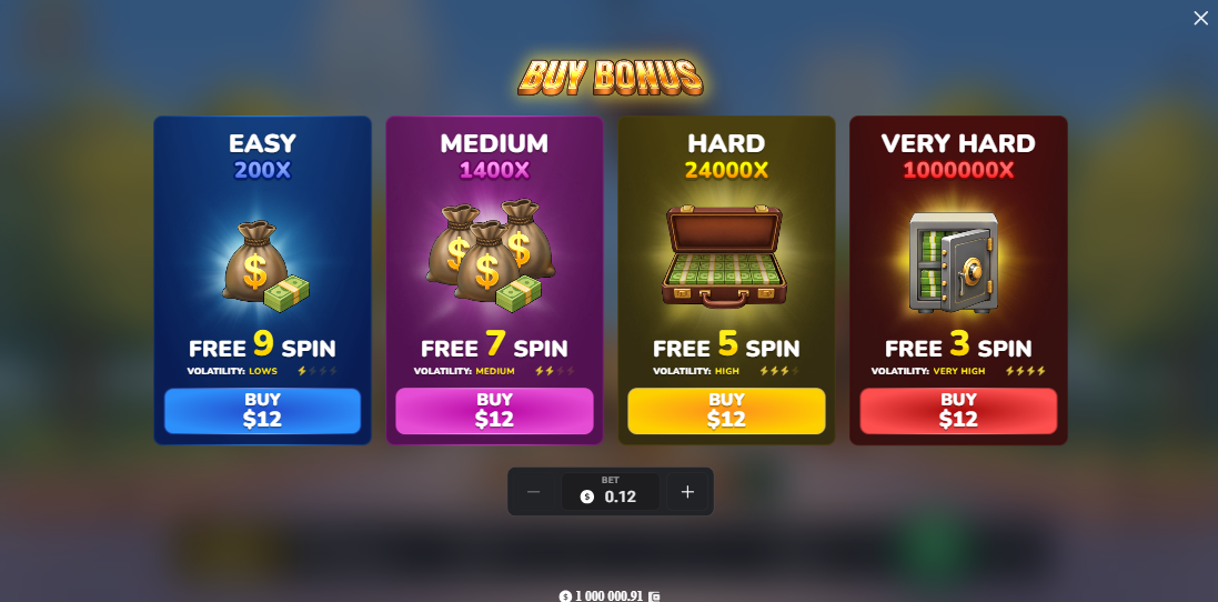 Menu Bonus Buy de MegaBlock Empire et ses quatre options de free spins