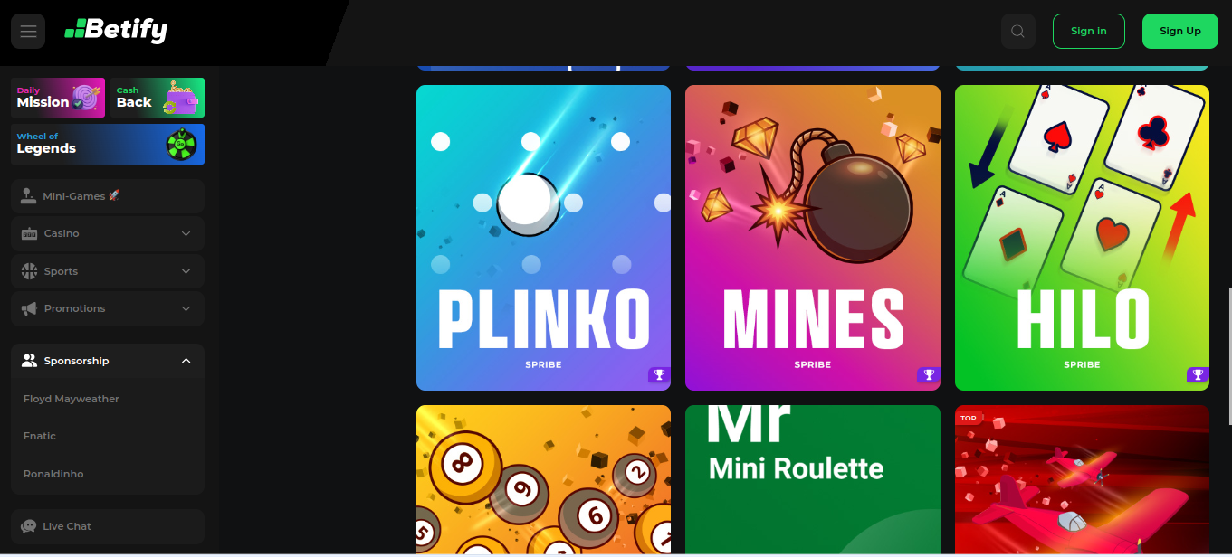 Rubrique mini-jeux Betify avec Plinko, Mines et Hilo