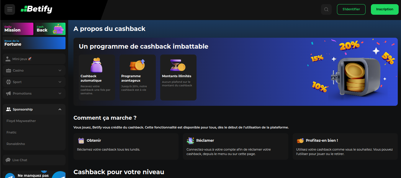 Page cashback hebdomadaire du programme Betify