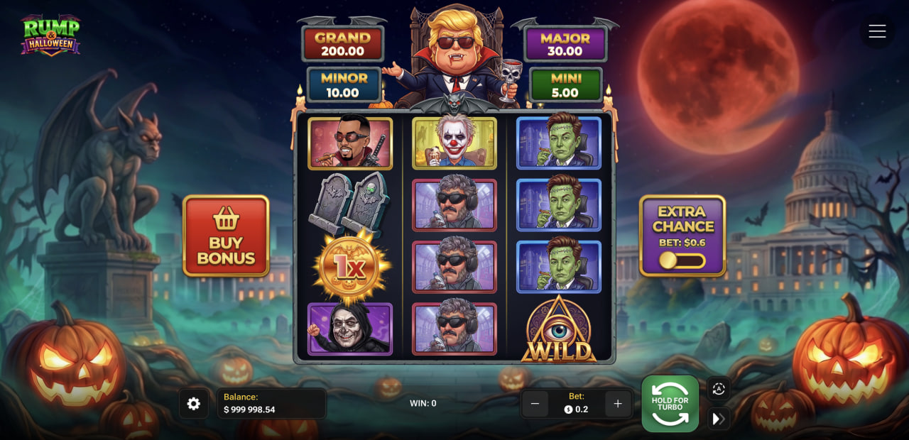 Écran de Rump & Halloween avec la grille, les quatre jackpots et les commandes Buy Bonus et Extra Chance