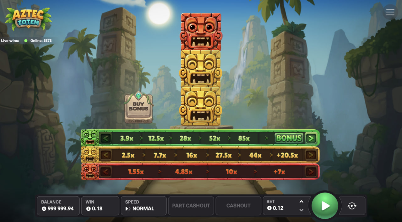 Aztec Totem en version ordinateur avec le totem et les trois chemins de multiplicateurs